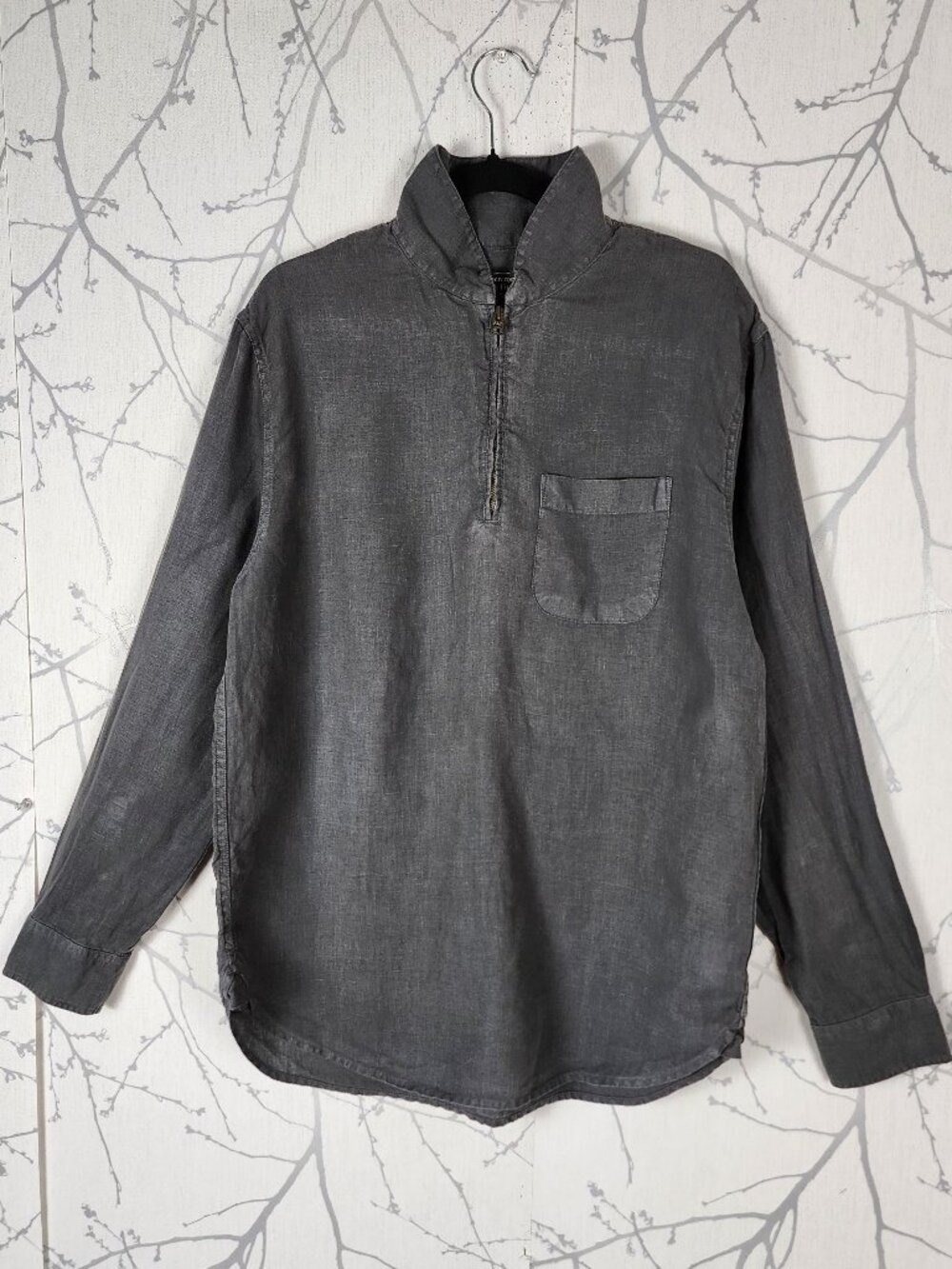 Abercrombie & Fitch Gray 100% Linen Collared Half Zip Shirt
